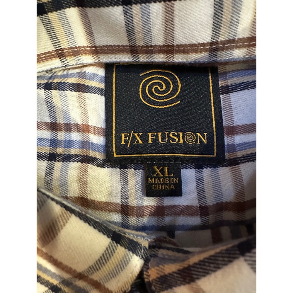 F/X Fusion Mens XL Plaid Button Down Shirt Long Sleeve Brown Blue White Pocket